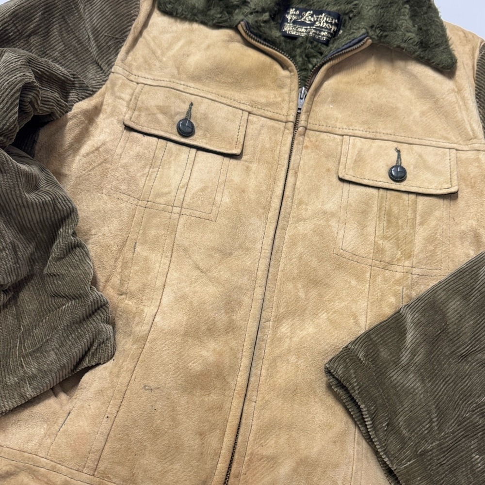 Sears The Leather Shop Jacket Mens 38 Tan Green Good Suede Corduroy Faux Fur - Picture 2 of 10
